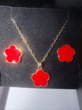 Gold-Tone Red Flower Necklace and Stud Earring Set Enamel painted